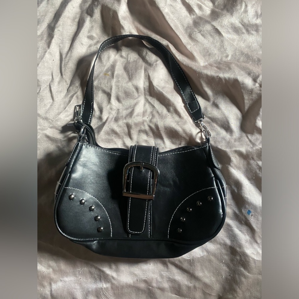 Y2k small Black and white shoulder bag with silver accents